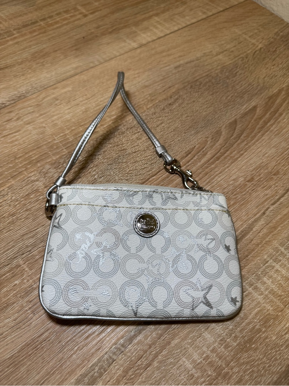 Coach Cream Signature Wristlet with Silver Accents